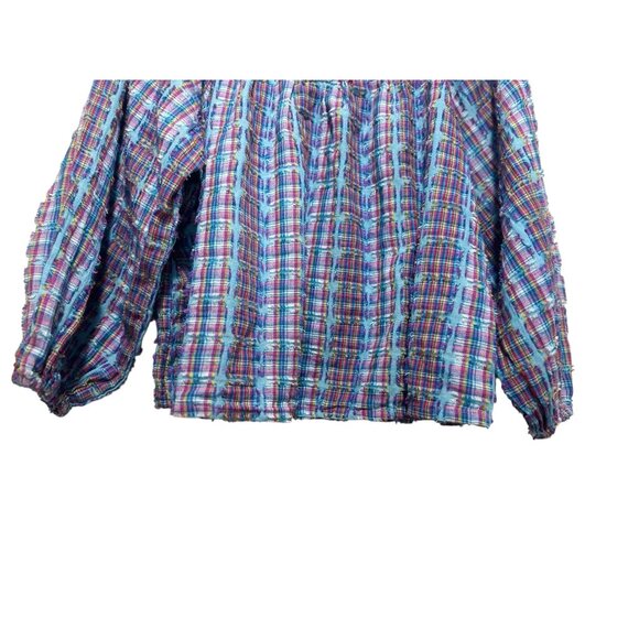 Sundance Peasant Embroidered Top Women Small Blue Plaid Puff Sleeves Boho Dainty - Picture 14 of 16